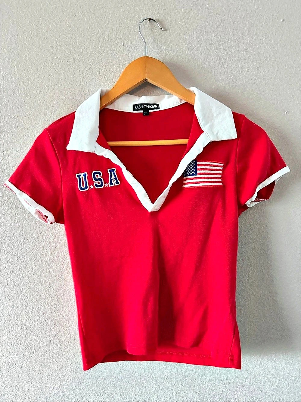 Fashion Nova USA Fitted Polo Women's Jersey Red & White